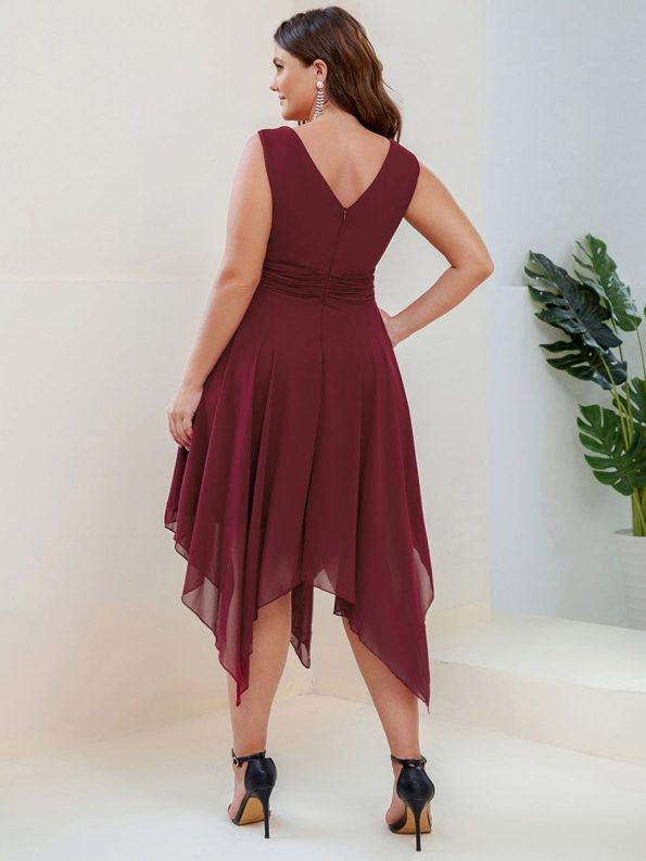 Chiffon Double V-Neck A Line Bridesmaid Dress with Asymmetrical Hem - Burgundy