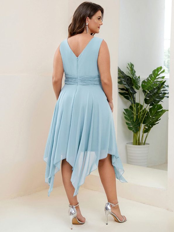 V Neck Ruched Asymmetrical Hems Midi Chiffon Bridesmaid Dress - Sky Blue