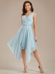 V Neck Ruched Asymmetrical Hems Midi Chiffon Bridesmaid Dress - Sky Blue