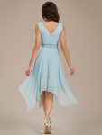 V Neck Ruched Asymmetrical Hems Midi Chiffon Bridesmaid Dress – Sky Blue