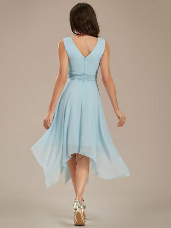 V Neck Ruched Asymmetrical Hems Midi Chiffon Bridesmaid Dress - Sky Blue