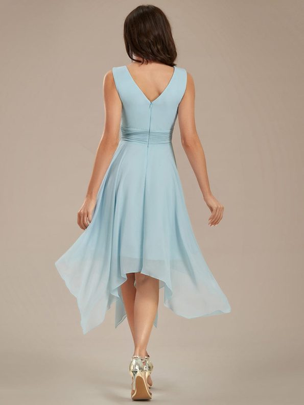 V Neck Ruched Asymmetrical Hems Midi Chiffon Bridesmaid Dress - Sky Blue