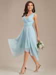 V Neck Ruched Asymmetrical Hems Midi Chiffon Bridesmaid Dress – Sky Blue