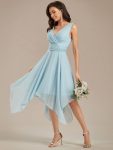 V Neck Ruched Asymmetrical Hems Midi Chiffon Bridesmaid Dress – Sky Blue