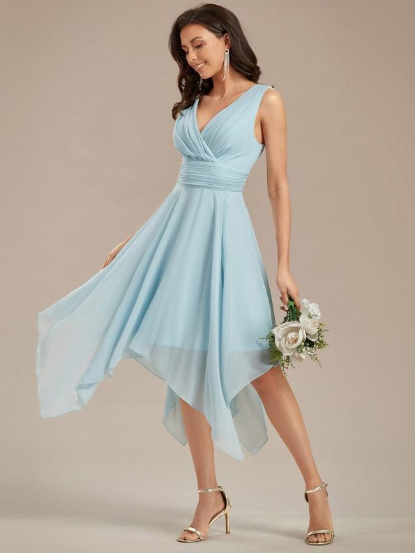 V Neck Ruched Asymmetrical Hems Midi Chiffon Bridesmaid Dress - Sky Blue