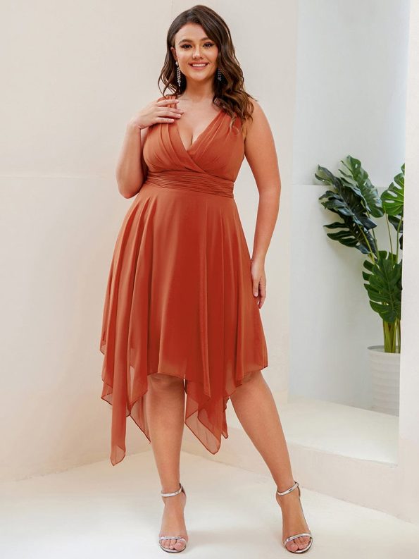 V Neck Ruched Asymmetrical Hems Midi Chiffon Bridesmaid Dress - Burnt Orange