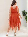 V Neck Ruched Asymmetrical Hems Midi Chiffon Bridesmaid Dress – Burnt Orange