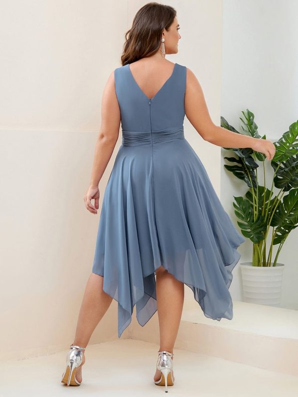 Chiffon Double V-Neck A Line Bridesmaid Dress with Asymmetrical Hem - Dusty Navy