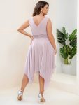 V Neck Ruched Asymmetrical Hems Midi Chiffon Bridesmaid Dress – Lilac