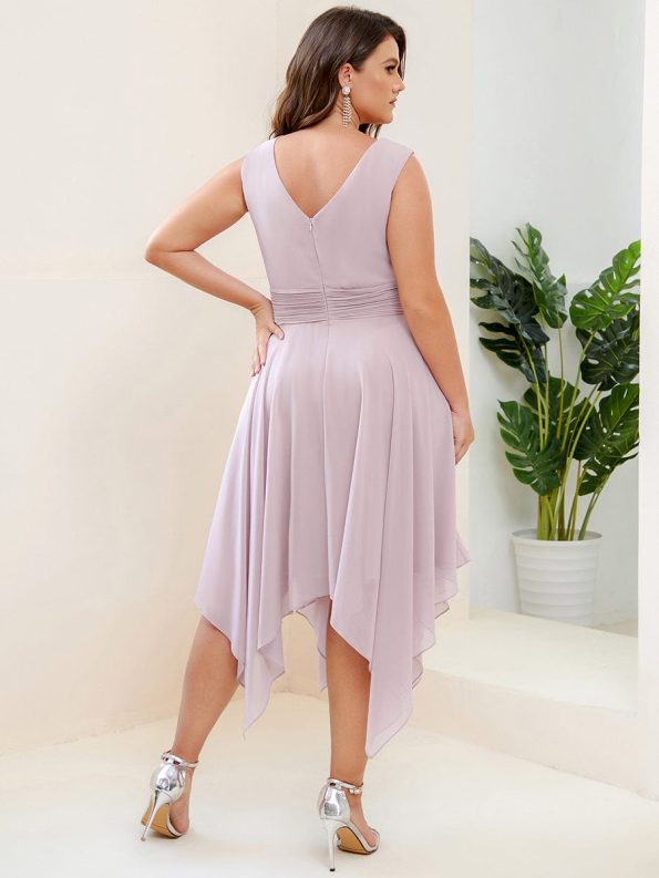 V Neck Ruched Asymmetrical Hems Midi Chiffon Bridesmaid Dress - Lilac