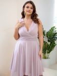 V Neck Ruched Asymmetrical Hems Midi Chiffon Bridesmaid Dress – Lilac