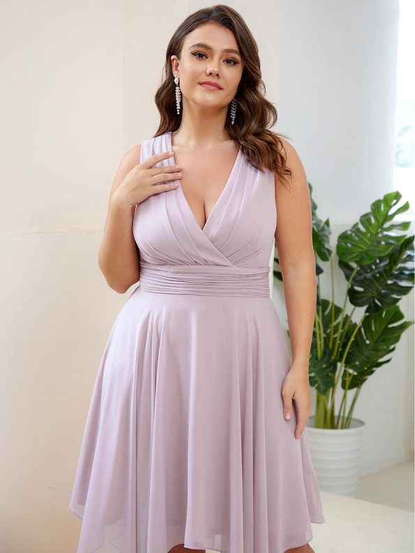 V Neck Ruched Asymmetrical Hems Midi Chiffon Bridesmaid Dress - Lilac