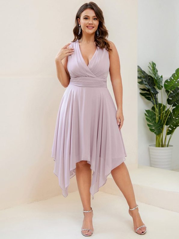 V Neck Ruched Asymmetrical Hems Midi Chiffon Bridesmaid Dress - Lilac