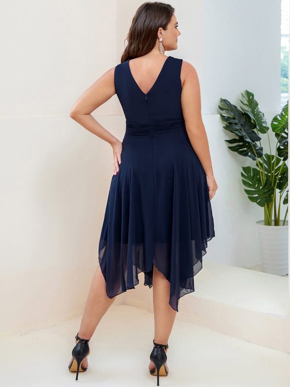 Chiffon Double V-Neck A Line Bridesmaid Dress with Asymmetrical Hem - Navy Blue