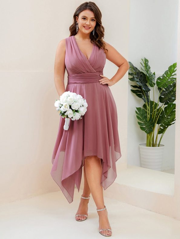 Chiffon Double V-Neck A Line Bridesmaid Dress with Asymmetrical Hem - Purple Orchid