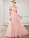 Spaghetti Strap Cold Shoulder Cross Over A-Line Tulle  Bridesmaid Dress – Pink