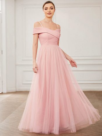 Spaghetti Strap Cold Shoulder Cross Over A-Line Tulle Bridesmaid Dress - Pink