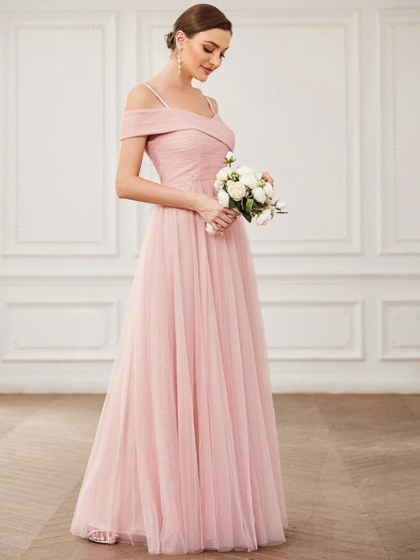 Spaghetti Strap Cold Shoulder Cross Over A-Line Tulle Bridesmaid Dress - Pink