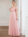 Spaghetti Strap Cold Shoulder Cross Over A-Line Tulle  Bridesmaid Dress – Pink