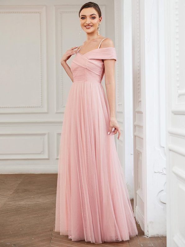 Spaghetti Strap Cold Shoulder Cross Over A-Line Tulle Bridesmaid Dress - Pink