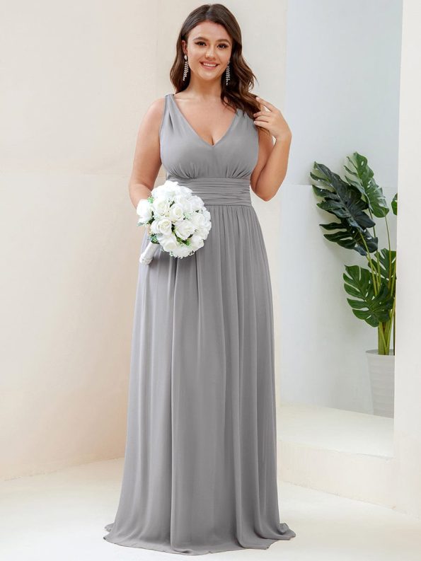 Sleeveless V-Neck Plain Chiffon Maxi Bridesmaid Dress - Grey