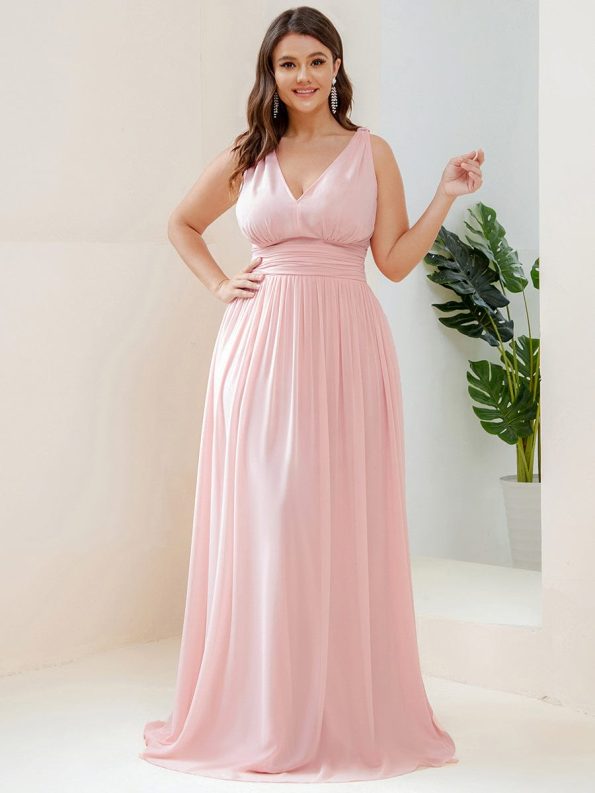 Sleeveless V-Neck Plain Chiffon Maxi Bridesmaid Dress - Pink