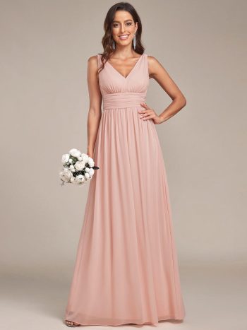 Sleeveless V-Neck Plain Chiffon Maxi Bridesmaid Dress - Pink