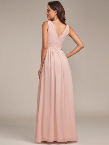 Sleeveless V-Neck Plain Chiffon Maxi Bridesmaid Dress - Pink