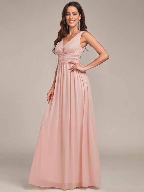 Sleeveless V-Neck Plain Chiffon Maxi Bridesmaid Dress - Pink