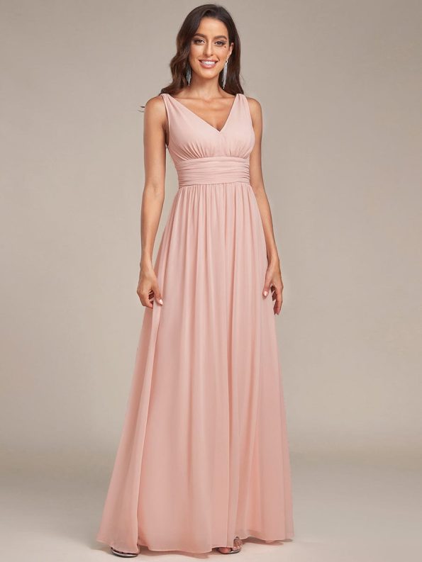 Sleeveless V-Neck Plain Chiffon Maxi Bridesmaid Dress - Pink