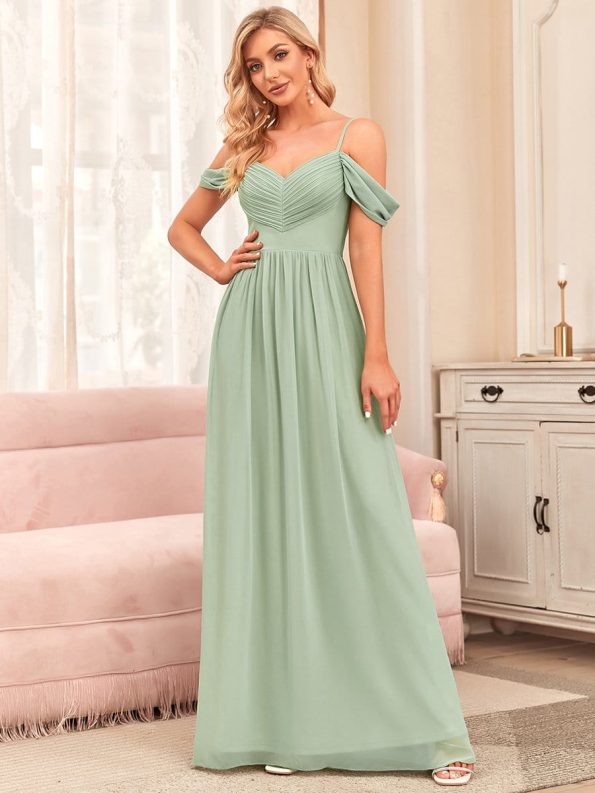 Pleated V-Neck Cold Shoulder Bridesmaid Dress - Mint Green