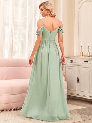 Pleated V-Neck Cold Shoulder Bridesmaid Dress - Mint Green