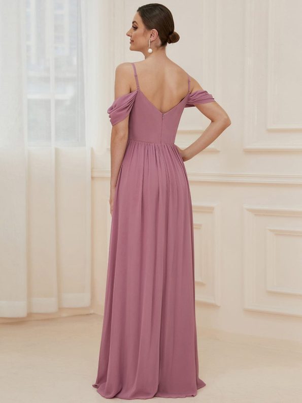 Pleated V-Neck Cold Shoulder Bridesmaid Dress - Purple Orchid