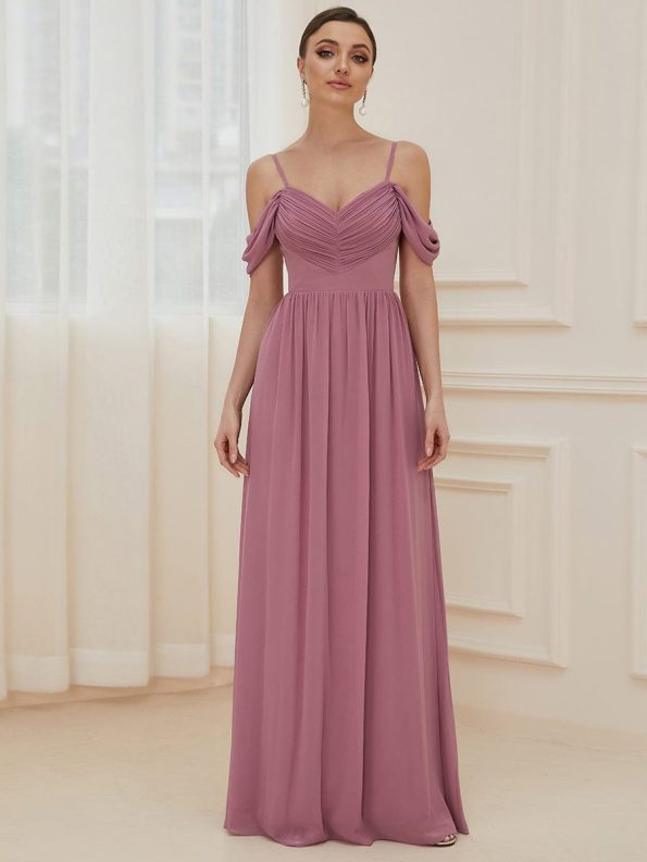 Pleated V-Neck Cold Shoulder Bridesmaid Dress - Purple Orchid