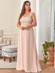 Elegant A Line Long Chiffon Bridesmaid Dress With Lace Bodice – Blush