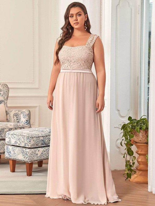 Elegant A Line Long Chiffon Bridesmaid Dress With Lace Bodice - Blush