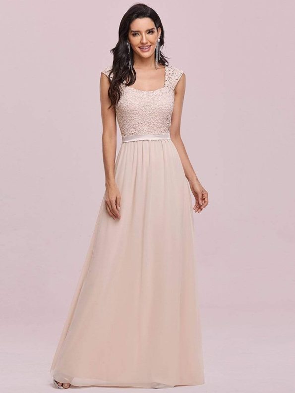 Elegant A Line Long Chiffon Bridesmaid Dress With Lace Bodice - Blush