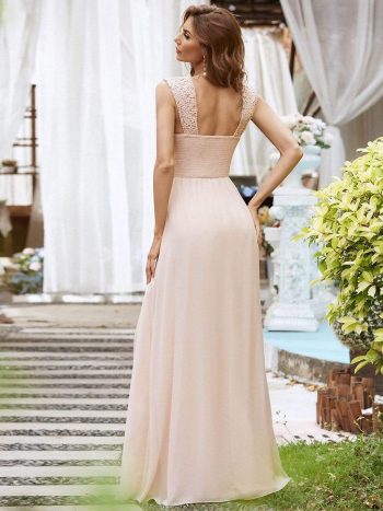 Elegant A Line Long Chiffon Bridesmaid Dress With Lace Bodice - Blush