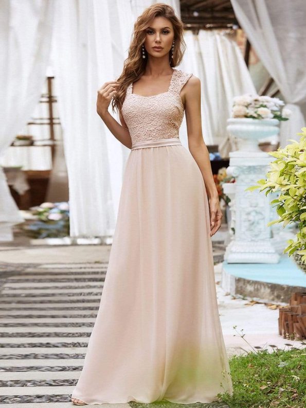 Elegant A Line Long Chiffon Bridesmaid Dress With Lace Bodice - Blush