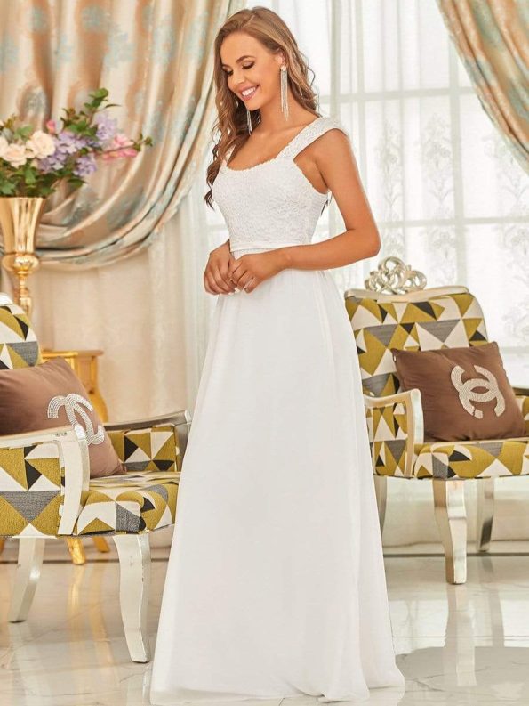 Elegant A Line Long Chiffon Bridesmaid Dress With Lace Bodice - Cream