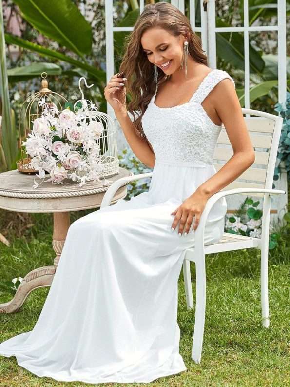 Elegant A Line Long Chiffon Bridesmaid Dress With Lace Bodice - Cream