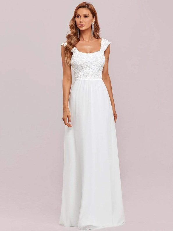 Elegant A Line Long Chiffon Bridesmaid Dress With Lace Bodice - Cream