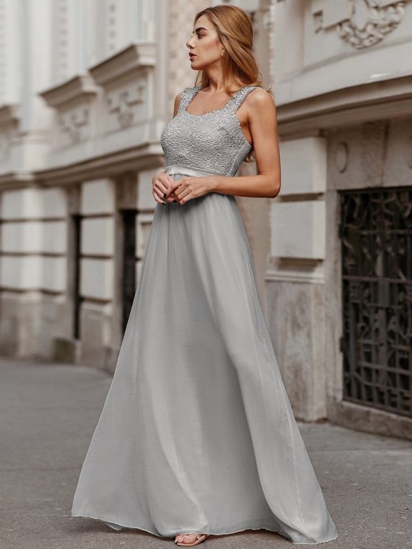 Elegant A Line Long Chiffon Bridesmaid Dress With Lace Bodice - Grey