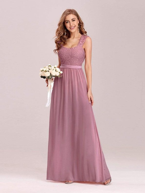 Elegant A Line Long Chiffon Bridesmaid Dress With Lace Bodice - Purple Orchid