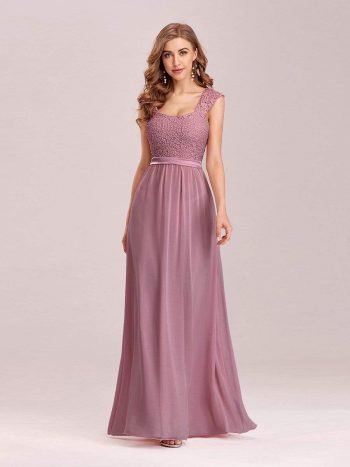 Elegant A Line Long Chiffon Bridesmaid Dress With Lace Bodice - Purple Orchid