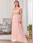 Elegant A Line Long Chiffon Bridesmaid Dress With Lace Bodice – Pink