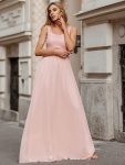 Elegant A Line Long Chiffon Bridesmaid Dress With Lace Bodice – Pink