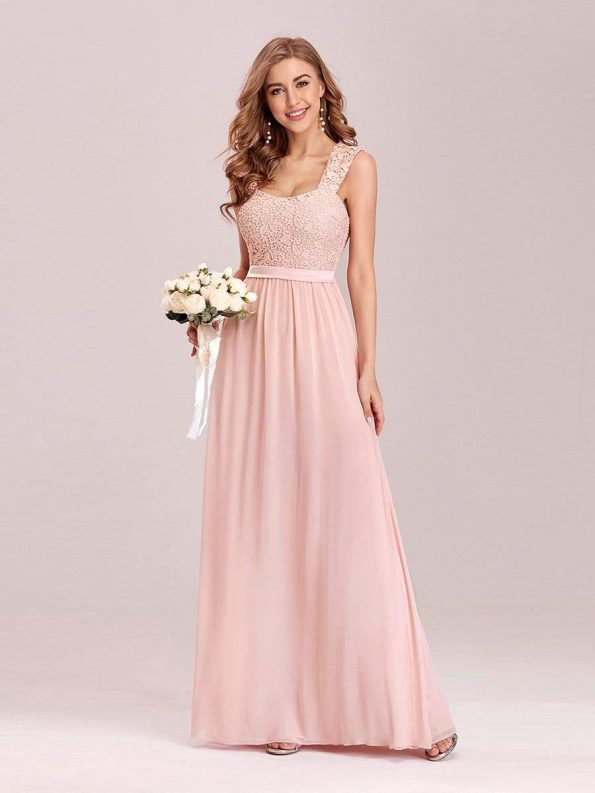 Elegant A Line Long Chiffon Bridesmaid Dress With Lace Bodice - Pink