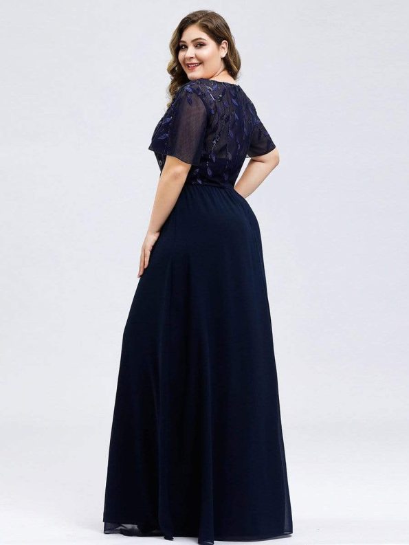 Sequin Print Evening Dresses for Women with Sleeves - Navy Blue