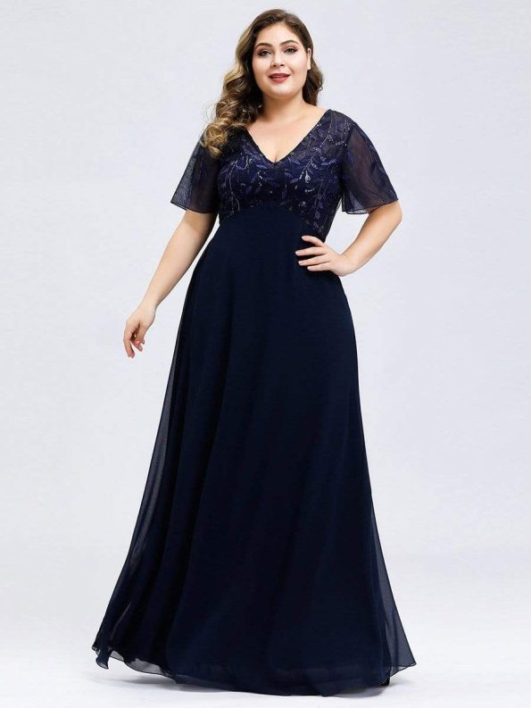 Sequin Print Evening Dresses for Women with Sleeves - Navy Blue